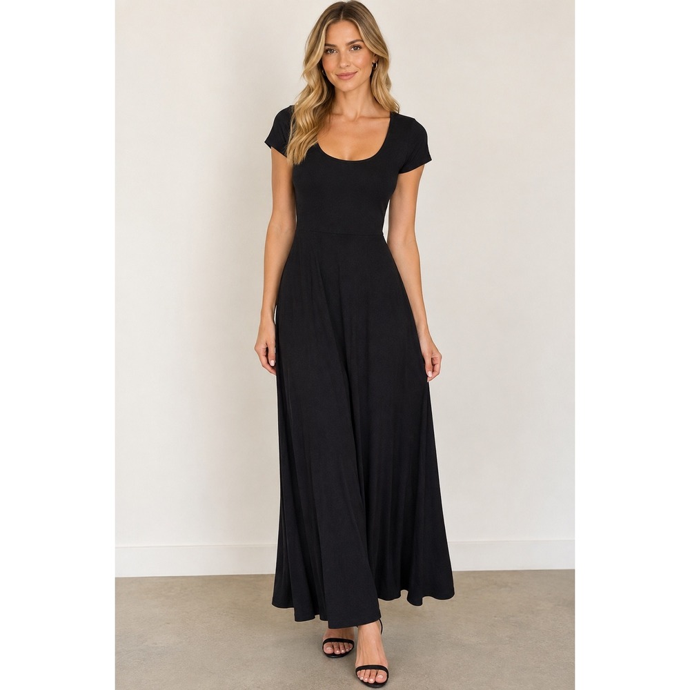 Aritzia Wilfred Black Short Sleeve Scoop Neck Maxi Dress Skater Style